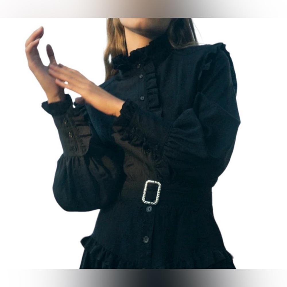 Sabina Musayev black ruffle fitted high neck button up marcel top size S